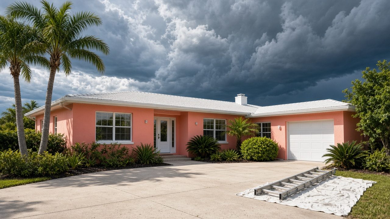 Illustration of a stucco block ranch with palms and storm clouds