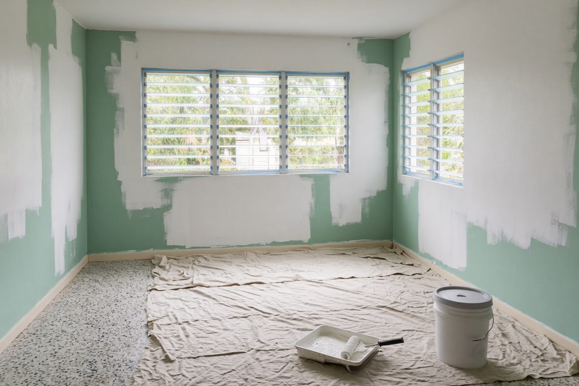 Illustration of an empty Florida ranch room with terrazzo floor mid-paint